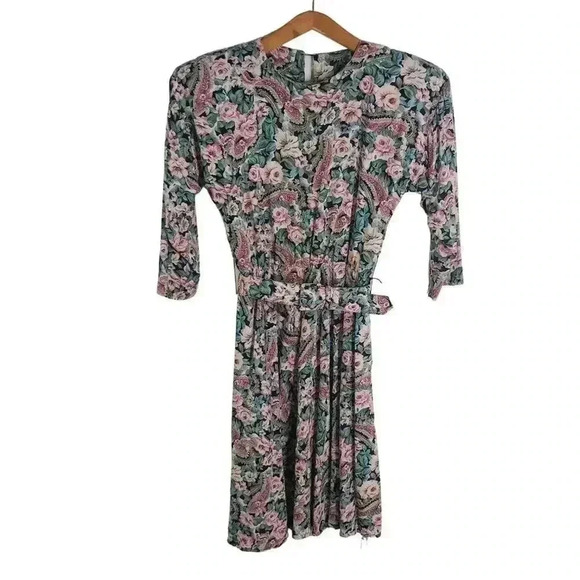 e.d. michaels Dresses & Skirts - Vintage 80s E. D. Michaels Floral Dress With Belt Women's Size 3 4 Petite